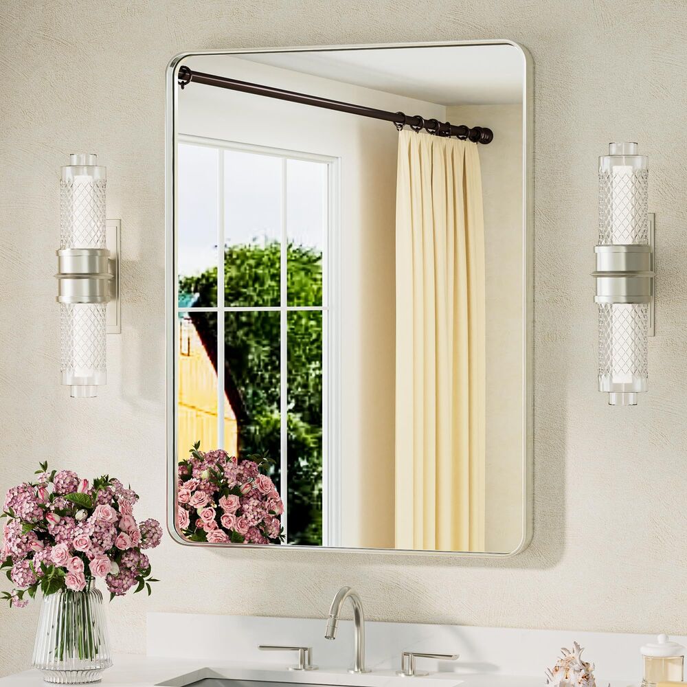 24 x 32" Brushed Nickel Metal Wall Mounted Horizontal/Vertical Bathroom Mirror